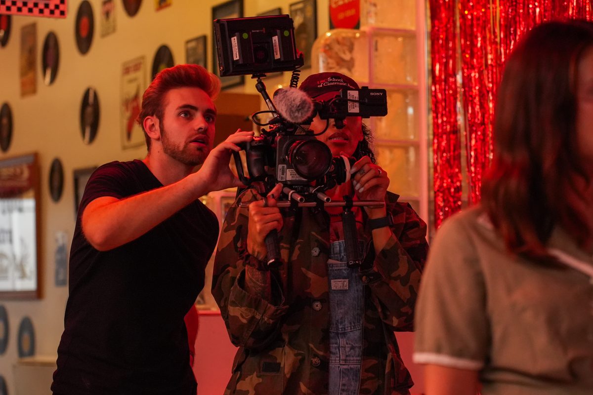 Lining up a shot on a diner set